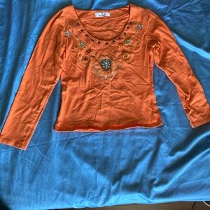 Vintage Embellished Orange Long Sleeve Top